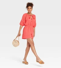 Women's Short Sleeve Gauze Romper - Knox Rose, Coral, Medium
