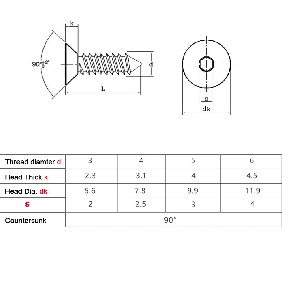 Hex Socket Countersunk Flat Head Self Tapping Screws Black 8.8 Steel M3 M4 M5 M6