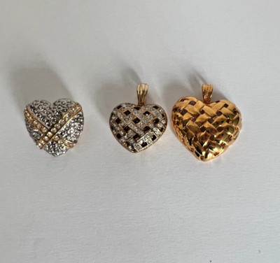 Bless Your Heart Vintage Set of 3 Heart Pendants Gold/Silver Tone Crystals
