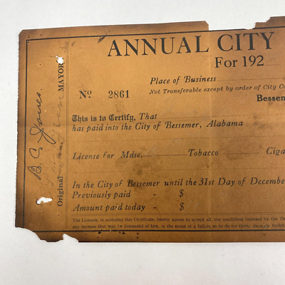 1920's Business License Bessemer AL Tobacco Cigarettes Green Meats Annual  Blank