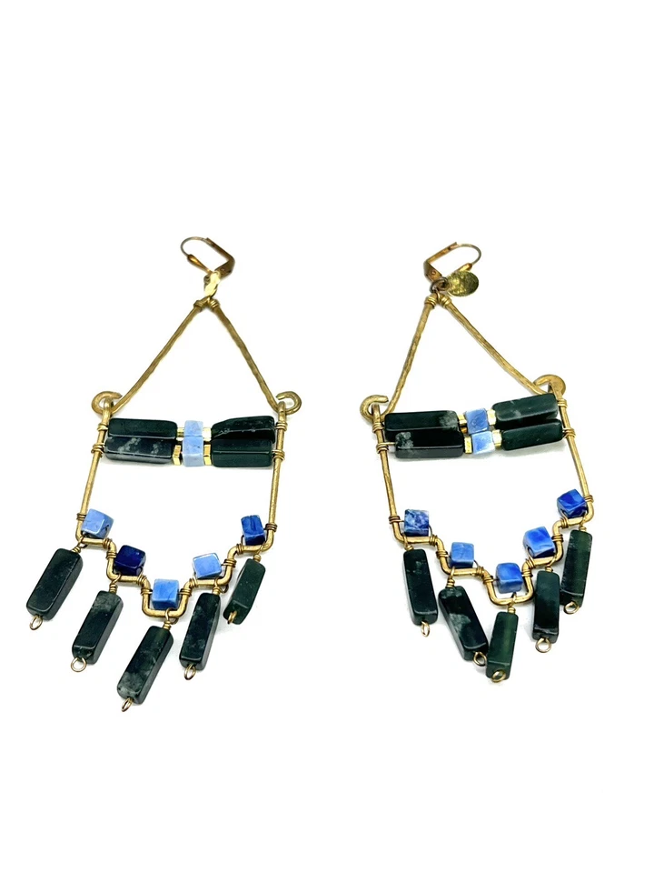Pendientes Anthropologie GRAND DECO Macizo Jade Lapislázuli Alambre Latón Declaración Foto 4 de 4