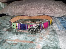Mexico Leather Belt w/Silver Buckle Colorful Serape Style Southwestern Sz M / 31