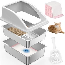 Stainless Steel Sifting Cat Litter Box XXL High Sided Non Stick Anti Leak -Large