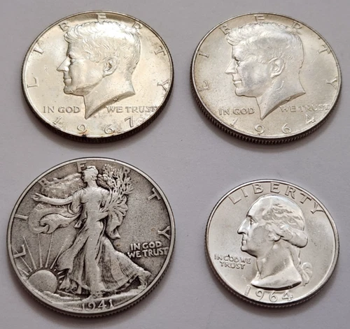 New ListingMixed Silver Lot • AU JFKs 90/40% • AU ’64 Quarter • 1941 Walking Liberty    X63