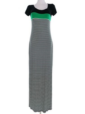 MAX STUDIO Damen Maxikleid Gr. S Grün Rayon Kurzer Ärmel Streifen Lang Runder