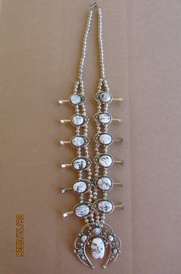 Navajo Sterling Silver White Buffalo Squash Blossom Necklace Signed by Artist
