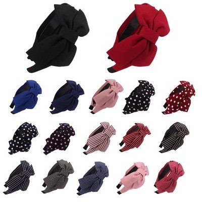 Womens Vintage Wide Hair Hoop Big Bowknot Striped Plaid Polka Dot Headband Solid