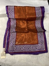 ANNE KLEIN Vera Designer Lion Logo Purple Copper White Striped Silk Scarf 50  