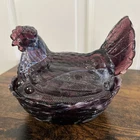 Vintage  Fenton Purple Slag Glass Hen On Nest Basket