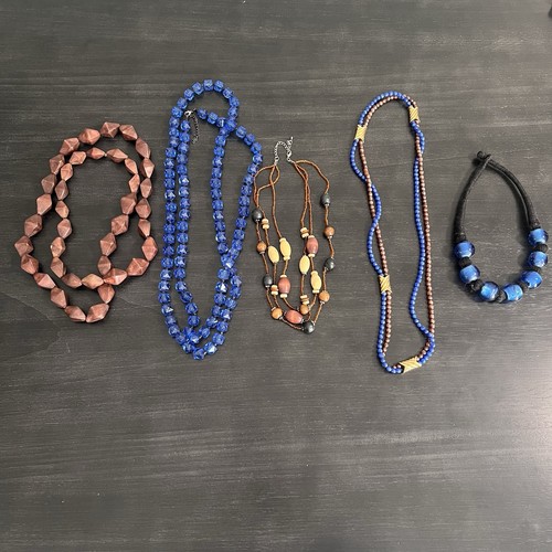Lot Of 5 Blue & Brown Costume Jewelry Necklaces Wooden & Glass Beads Boho Chic