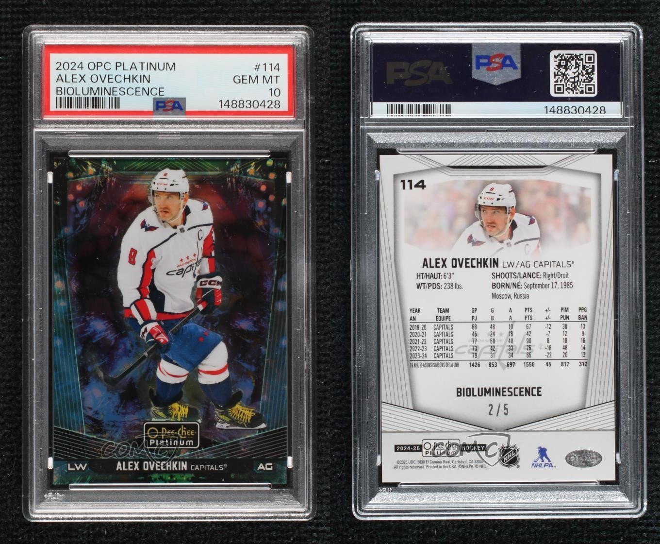 2024-25 O-Pee-Chee Platinum Bioluminescence 2/5 Alex Ovechkin #114 PSA 10 GEM MT