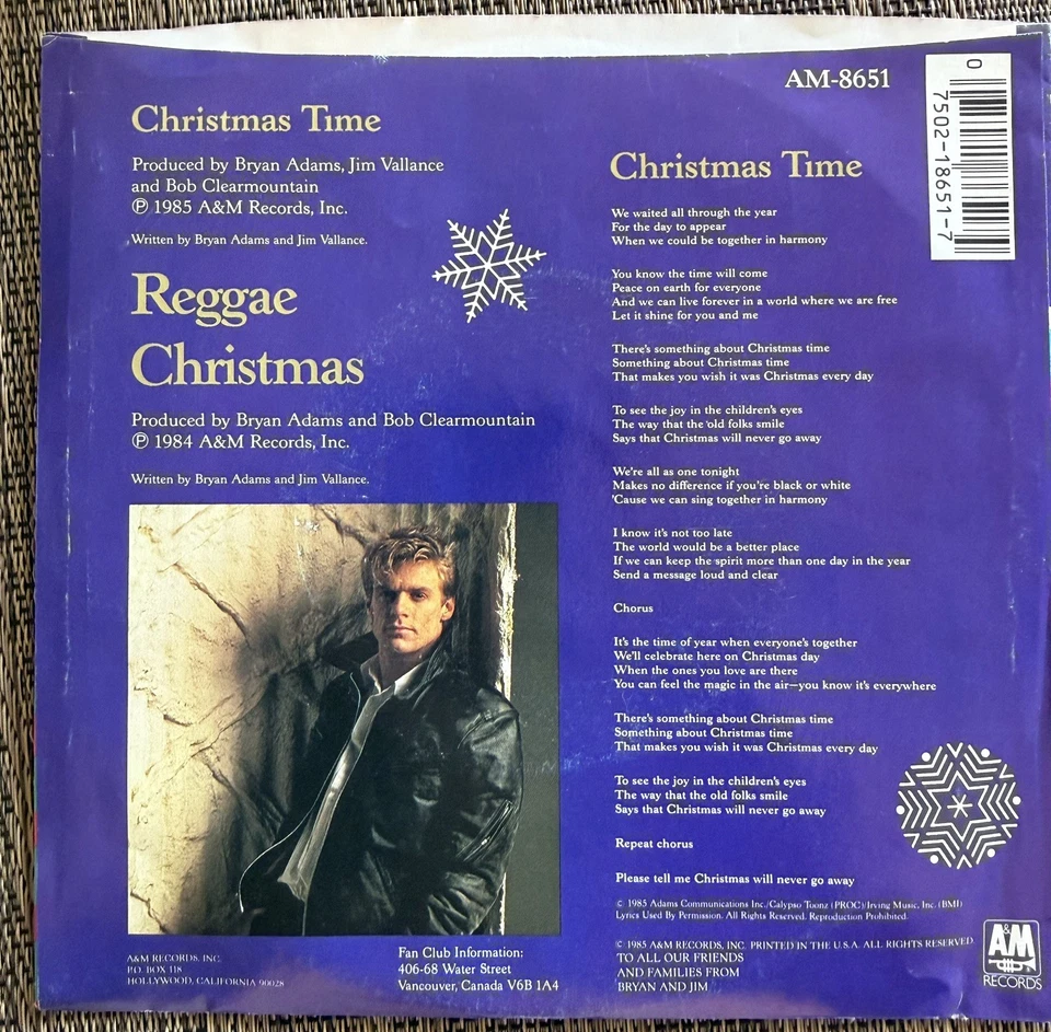 Bryan Adams - Christmas Time / Reggae Christmas - A&M AM-8651 - M PS — 第 2/4 张图片