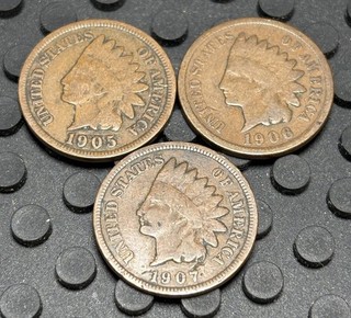 Three Nice Philadelphia Mint United States Indian Head Cents (1905 1906 & 1907)