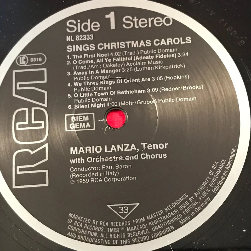 MARIO LANZA Sings Christmas Carols 1981 German Vinyl LP Silent Night First Noel - Image 3 of 4