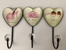 3 Glass Pink Fashion Heart Wall Hooks Chic/Glamour/Diva/Princess Home Decor