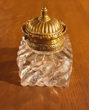 Splendid Vintage Sqaure Cut Glass Ornate Brass Topped Inkwell