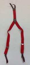 Vintage Pair Red Stretch Leather Tab Button Suspenders Silver Police Badge Clip