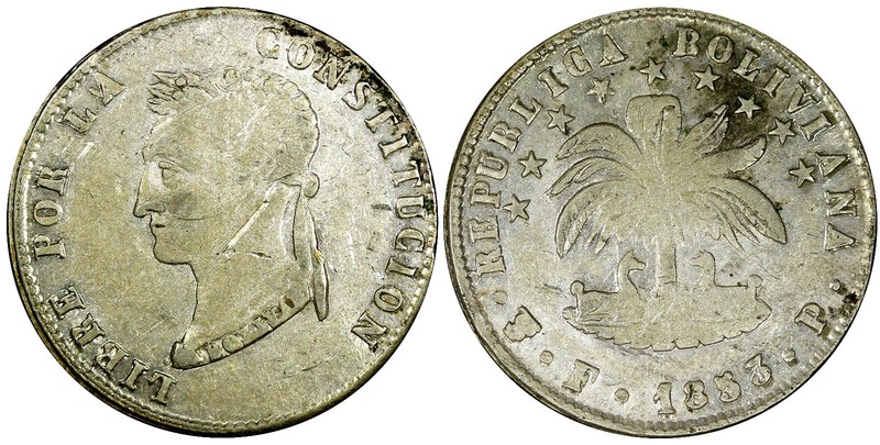 BOLIVIA Simon Bolivar SILVER 1853 PTS FP  4 Soles VF KM# 123.1  (5074)