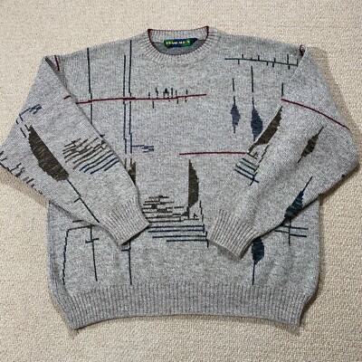 VINTAGE Muster Pullover Herren Large dunkelgrau Cosby Abstrakte Kunst 90er Strickpullover