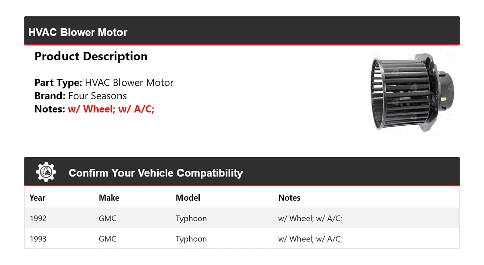 Motor soplador de climatización para GMC Typhoon 1992-1993 4 estaciones Foto 2 de 4
