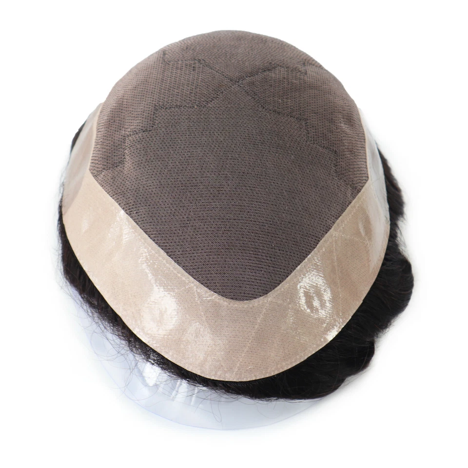 Sistema de substituição de cabelo humano masculino peça de cabelo fina mono pele poli toupee  - Imagem 4 de 4