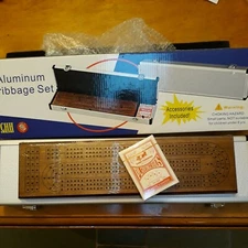Cribbage Set NEW 3 Track Walnut Aluminum Case SEALED Board Cards Travel Van RV
