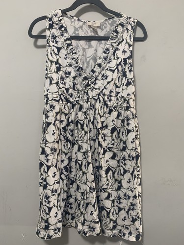 ANN TAYLOR LOFT Women Medium Black White Floral V Neck Tank Dress Boho Casual