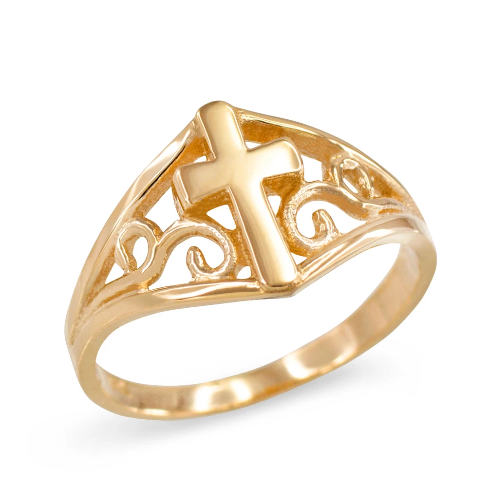 Solid 10k Yellow Gold Filigree Motif Cross Ring