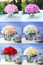 Silk Hydrangea Artificial Flower Arrangement Centerpiece Glass Vase Faux Water