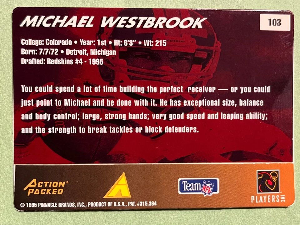 1995 pinnacle action packed Michael Westbrook #103 ROOKIE  - Image 2 of 4
