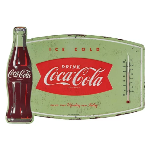 Open Road Vintage Embossed Metal Ice Cold Drink Coca-Cola 14" Sign Thermometer