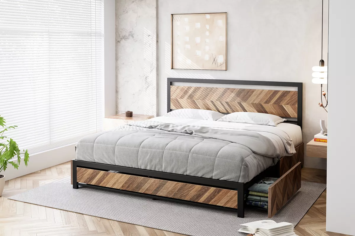 Full Queen King Size Bed Frame With 4 Storage Drawers Wood