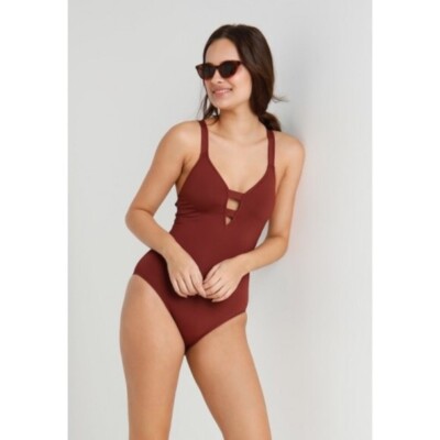 NWT $128 Sz Seafolly Active Deep V One Piece Plum