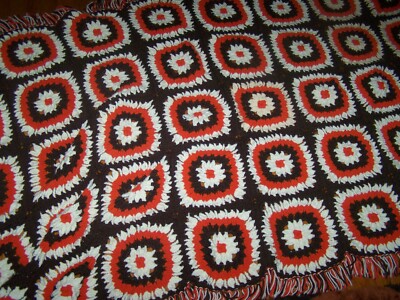 Handmade Knitted Afghan Large Fringed 80'' x 50'' BROWN ORANGE AND CREAM 