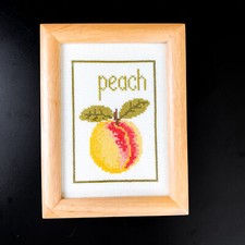 Vtg PEACH Fruit Cross Stitch Needlepoint Stitched Wall Art Framed Kitchen Decor
