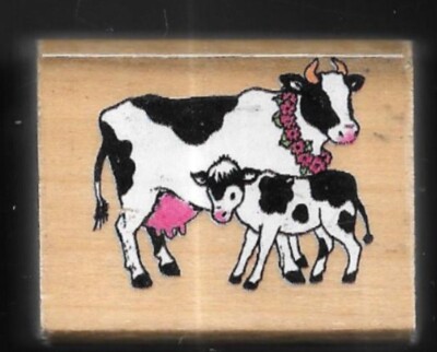 COW CALF BABY DAIRY MILK FARM Animal Landscape NOTEWORTHY RUBBER STAMP Wood 1993
