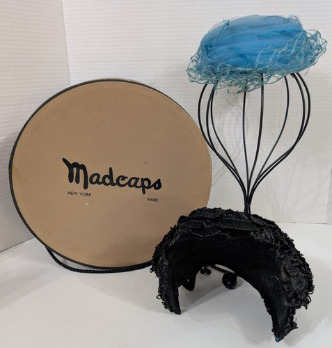 Vintage MadCaps Set of Two Hats with Hat Box Blue Pillbox Hat Black Cap Hat - Picture 23 of 23