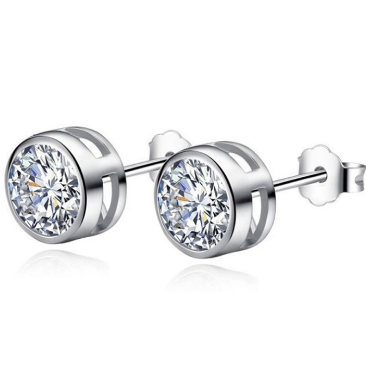 Rhodium Plated 925 Sterling Silver CZ Round Bezel Set Stud Earrings Gift PE201A