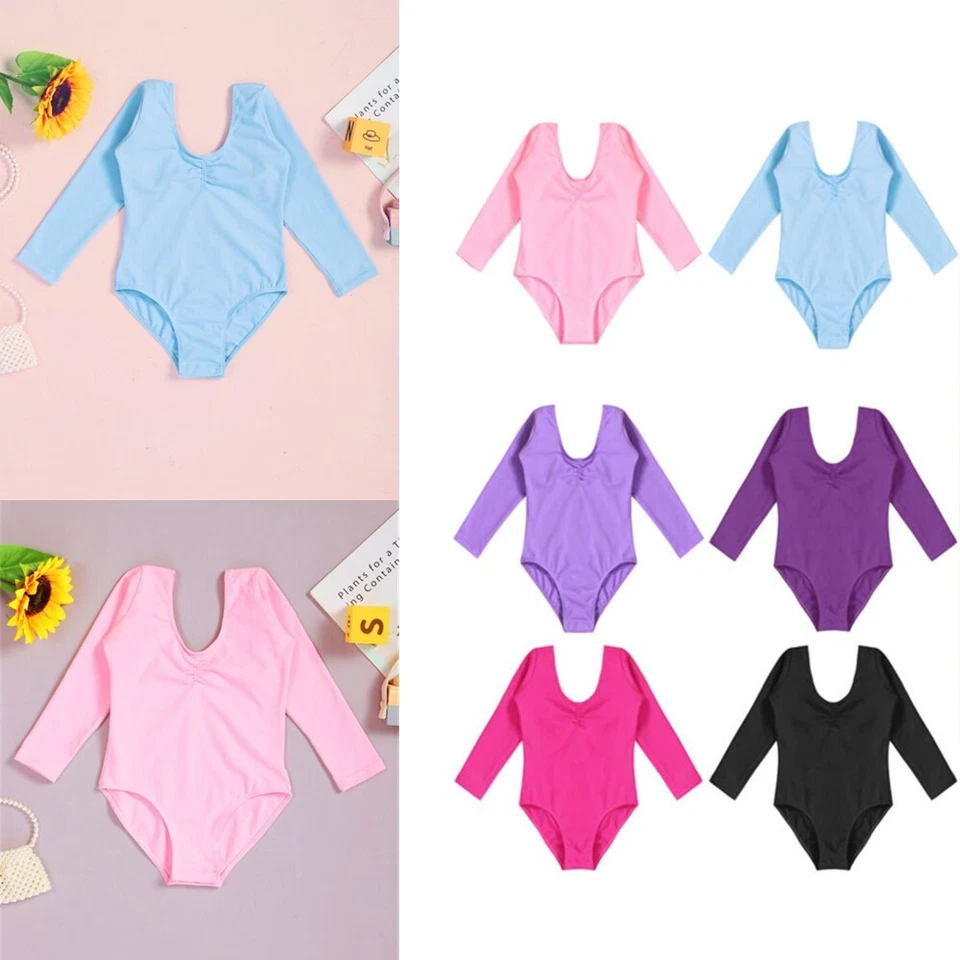 Kids Girls Cotton Long Sleeve Leotard Bodysuit Ballet Dance Gymnastics Jumpsuit  - Image 3 of 4