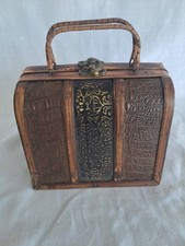 VINTAGE WOODEN PURSE MID 20TH CENTURY 1960'S, 70'S Faux Alligator Rattan Handles