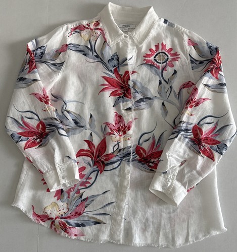 Chico's Women's Size 1 (US 8) Med Floral Roll Tab Sleeve Chic 100% Linen Shirt - Picture 4 of 17