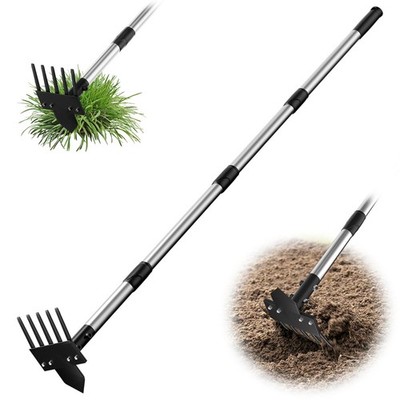 2-in-1 Heavy-Duty Weed Puller Tool with 5-Tine Rake   30'' to 60'' Adjustable H...