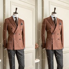 Brown Men's Suits Double-Breasted Peak Lapel Formal Wedding  Office Two Pieces