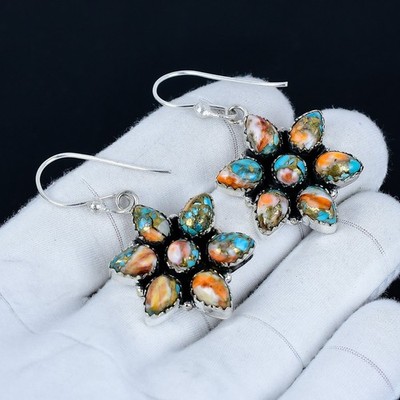 Orange Spiny Oyster Gemstone Earrings 925 Sterling Silver Jewelry For Women's