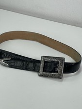 Vtg 90s Brighton Black Leather Belt Women 37'' Silver Western Floral Squared