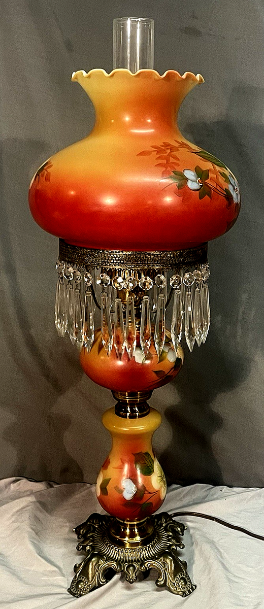 Vintage 3 Tier GWTW Hurricane Parlor Lamp Floral w/ Crystal Prisms