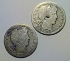 Lot of Two Barber Half Dollar Coins 90% Silver, 1903-S and 1908-S