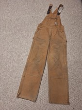 Carhartt Distressed Brown Canvas Insulated Quilt Lined Double Knee Overalls 36
