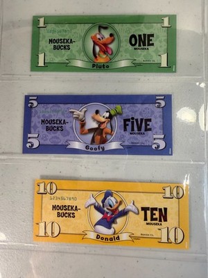 Walt Disney Play Money Pluto Goofy Donald Duck Lot of 3 Mouseka-Bucks