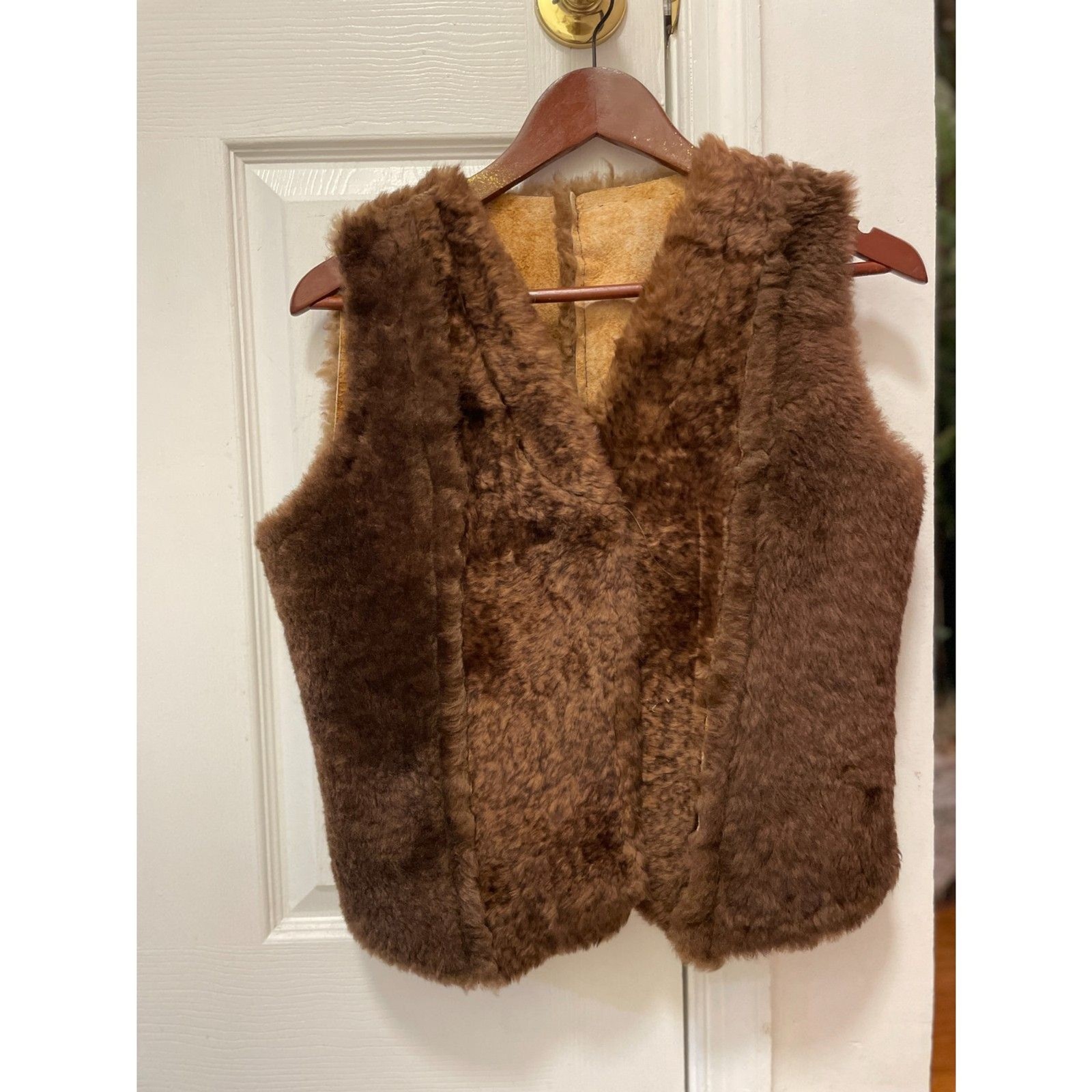 Vintage Real Shearling Sheepskin Vest Brown Suede Fur Lined Boho Western Cropped